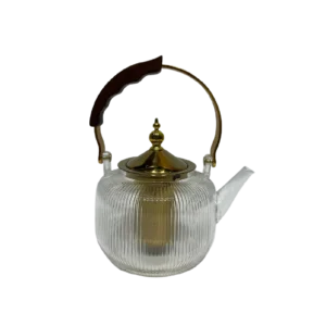 قوری پیرکس دسته طلایی خط درشت دسته چوبی طبیعی حجم 1 لیتر